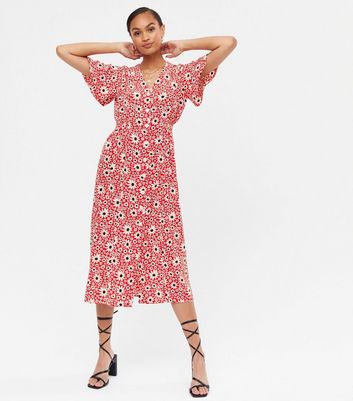 Red Floral Button Midi Tea Dress | New Look